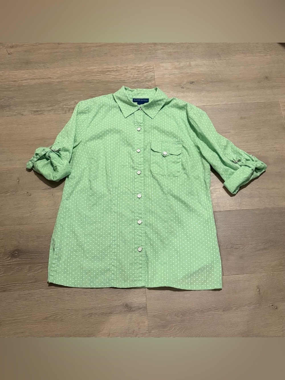 Karen Scott Light Green Polka Dot Button-Down Blouse